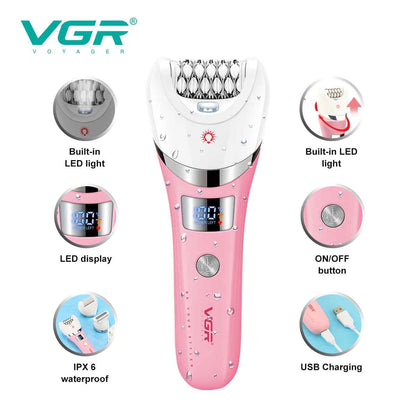 Main features diagram of the pink VGR V-759 hair removal device highlighting the built-in LED light, LED smart display, IPX6 waterproof body, and USB charging.