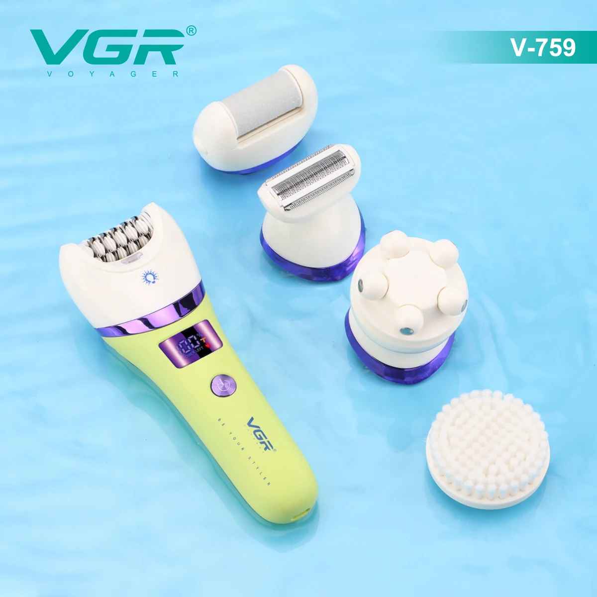 Lime green VGR V-759 cordless epilator unit lying flat on a blue surface surrounded by its four interchangeable grooming attachments.