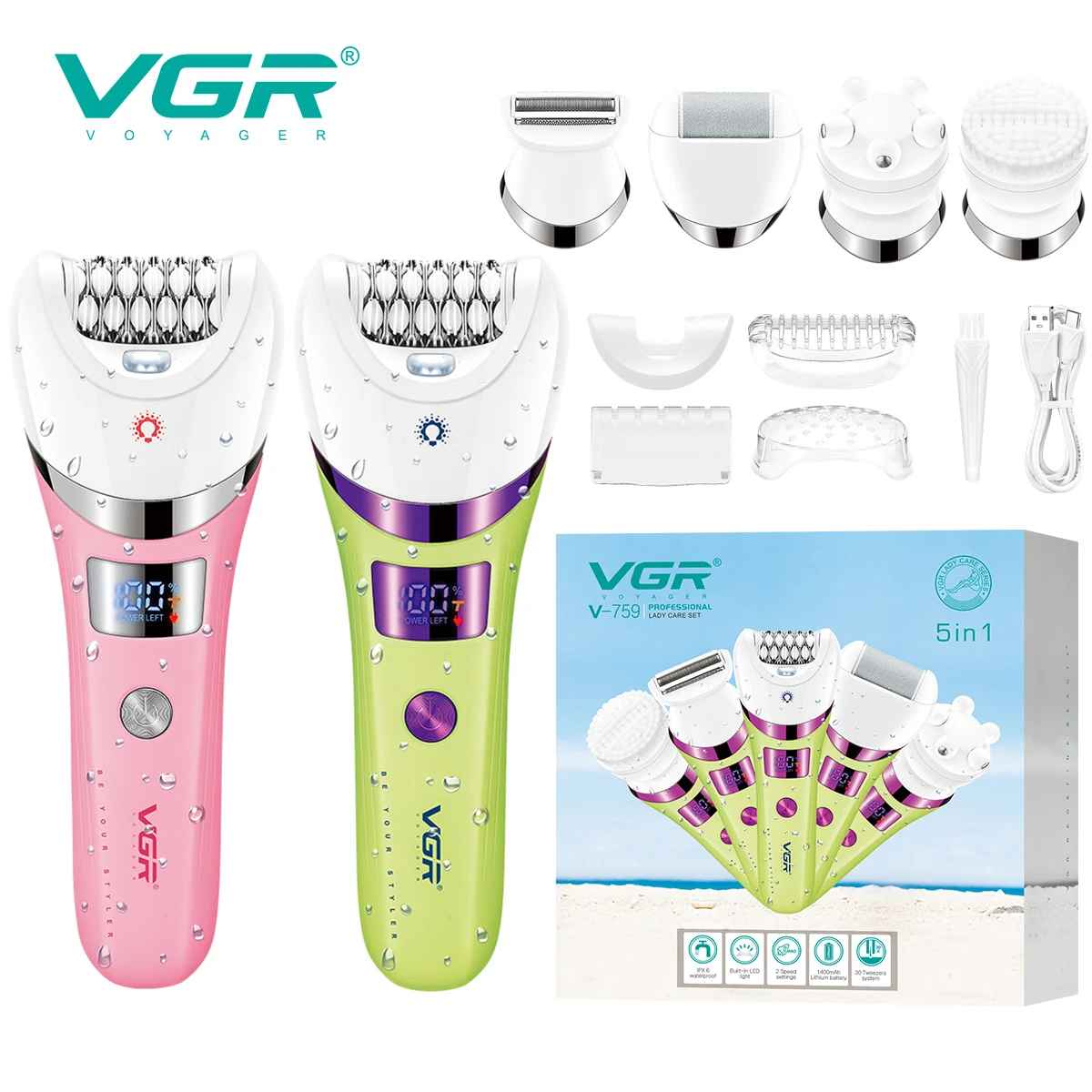 Full product kit of the VGR V-759 lady care set showcasing both pink and green models, all accessories, attachments, and the official packaging box.