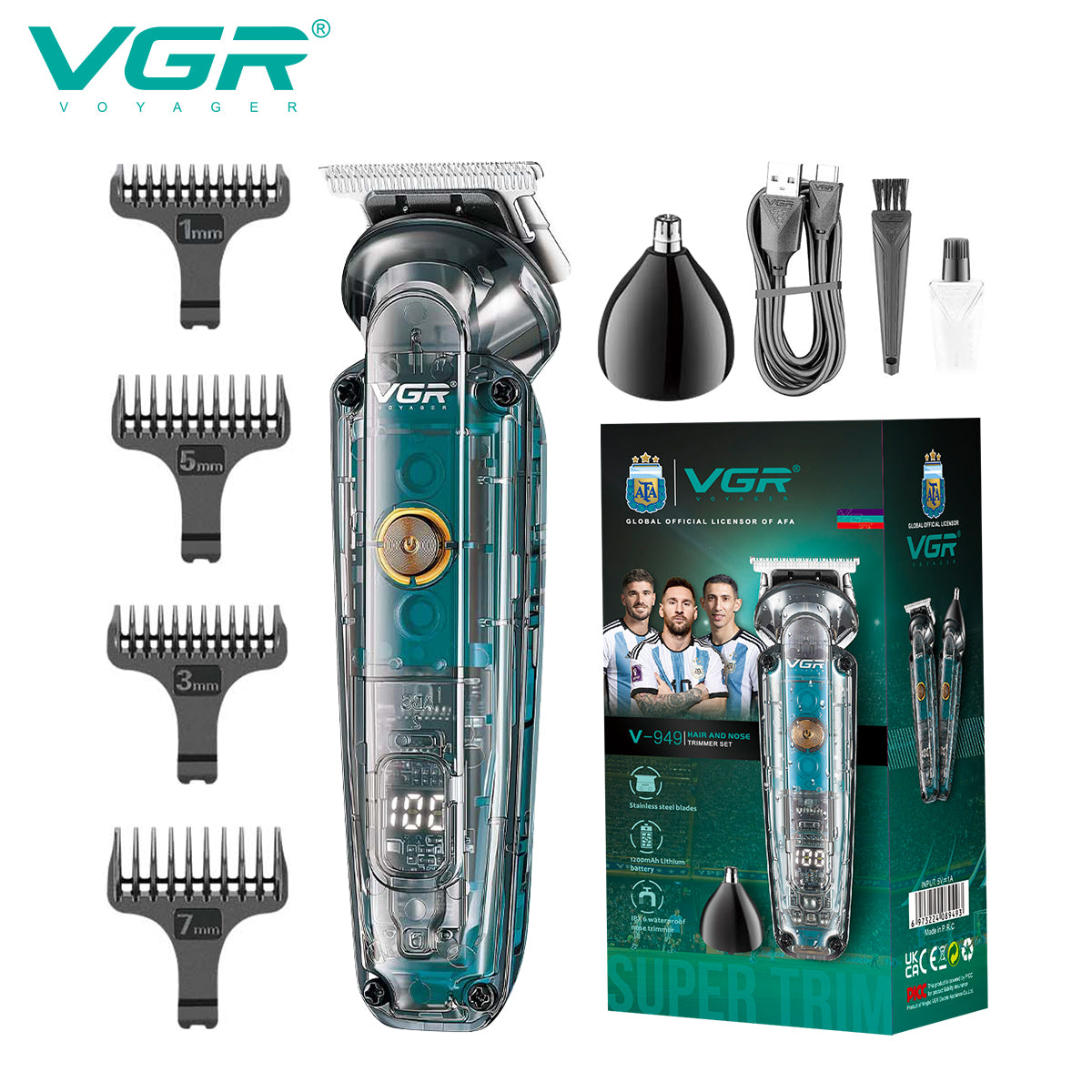 VGR V-949 2-in-1 hair and nose trimmer set with retail box, nose attachment, USB charging cable, cleaning brush, oil bottle, and 4 guide combs (1mm, 3mm, 5mm, 7mm)