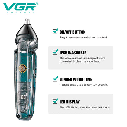 VGR V-949 IPX6 washable transparent hair and nose trimmer highlighting waterproof casing, 1200mAh battery, and LED digital display screen