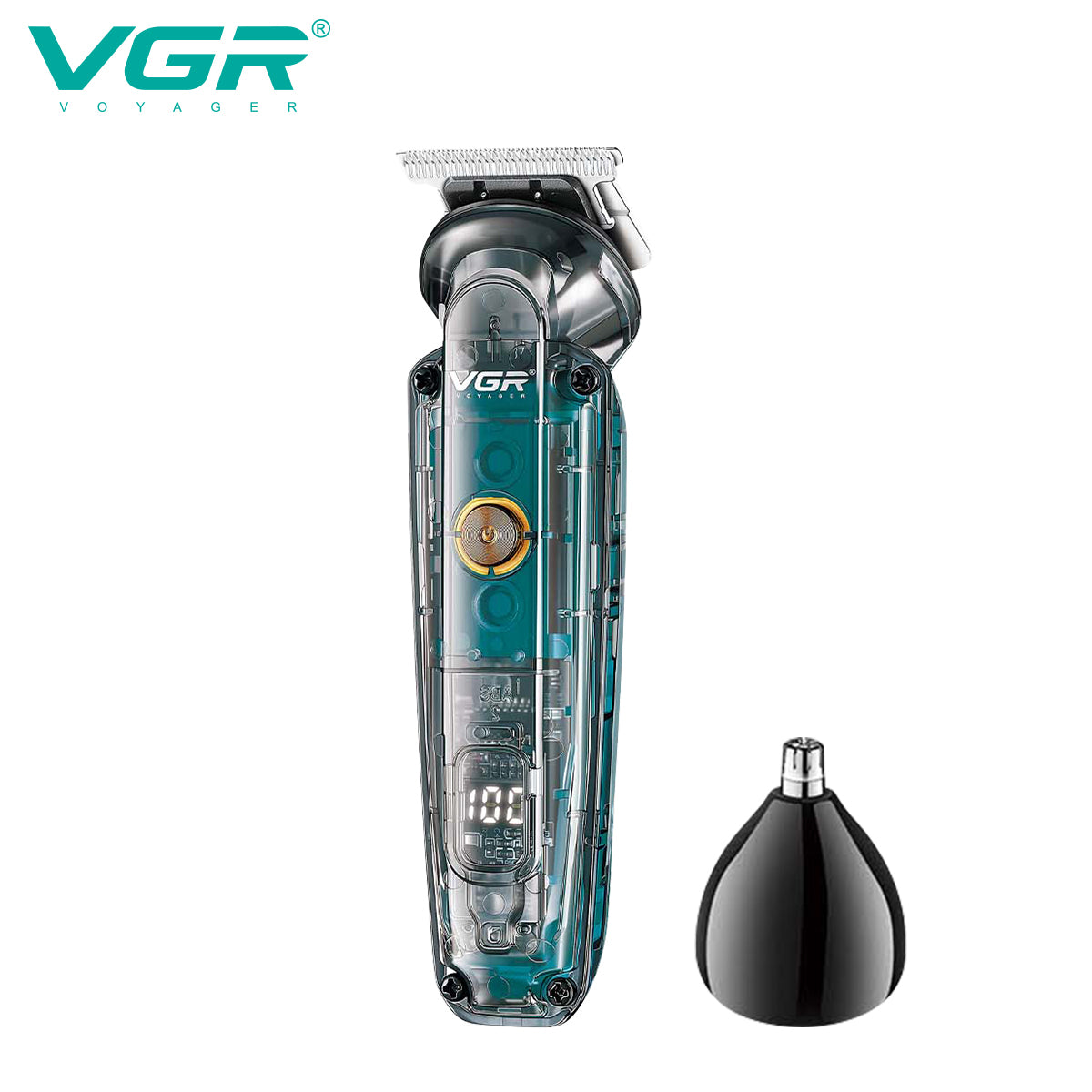 VGR V-949 clear teal body cordless hair trimmer standing next to black nose trimmer head attachment