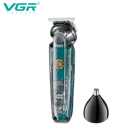 VGR V-949 clear teal body cordless hair trimmer standing next to black nose trimmer head attachment