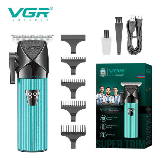 Front view of turquoise VGR V-037 mini cordless hair trimmer kit with 4 limit combs, maintenance accessories, and official packaging box