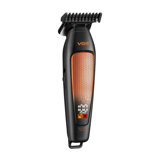 VGR V-925 professional cordless hair and beard trimmer in black and orange textured design with digital LED display and attached adjustable guide comb