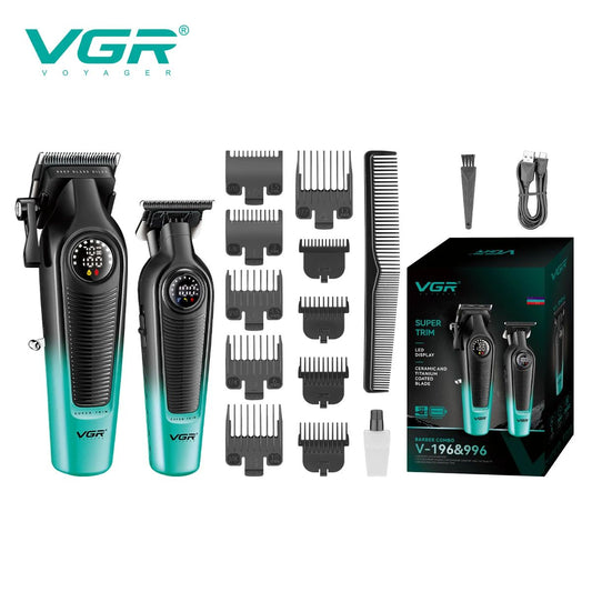 VGR V-196 and V-996 professional 2-piece hair clipper and trimmer grooming set with packaging box, guide combs, and accessories.