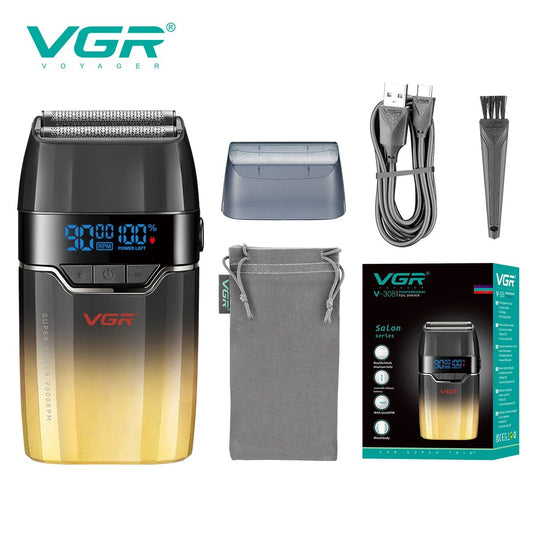VGR V-308 professional electric foil shaver in gold gradient finish with protective cap, USB cable, cleaning brush, travel pouch, and retail box.