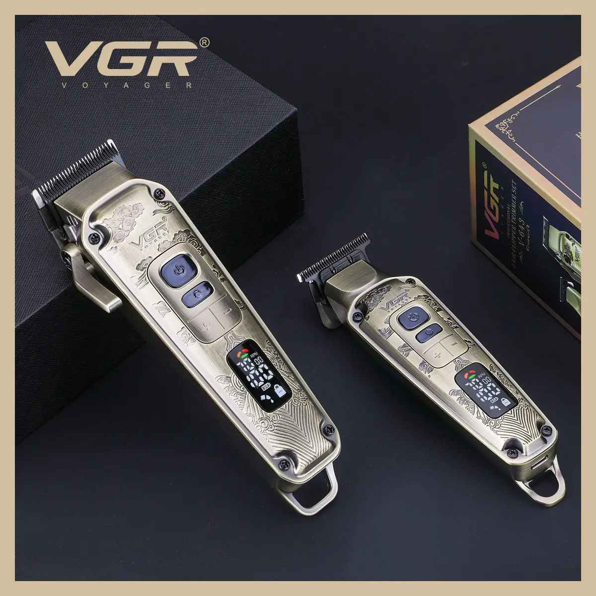 VGR V-643 professional hair clipper and trimmer set featuring a retro brass metal body with engraved patterns and integrated smart LED digital displays.