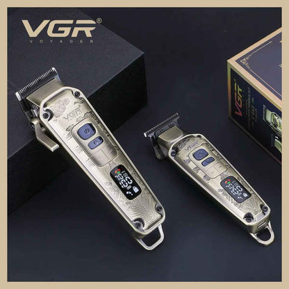 VGR V-643 professional hair clipper and trimmer set featuring a retro brass metal body with engraved patterns and integrated smart LED digital displays.