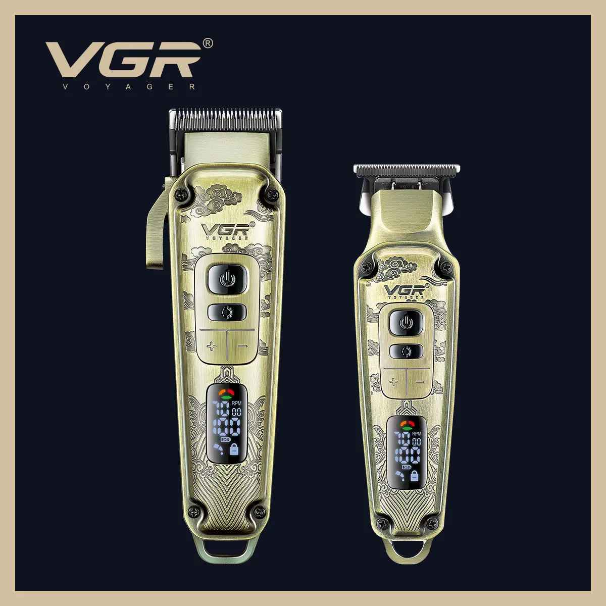 Front view comparison of the VGR V-643 electric hair cutter and detail carving trimmer showcasing the metallic gold housing and LCD status screens.