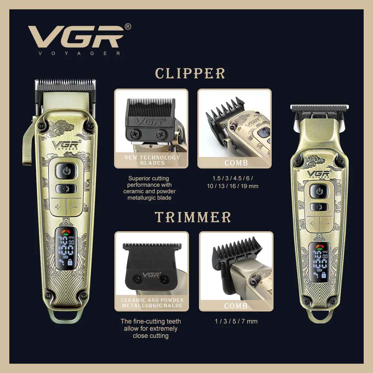 Blade specification diagram for VGR V-643 clipper and trimmer highlighting the ceramic powder metallurgic close cutting teeth and attachment guide comb sizes.