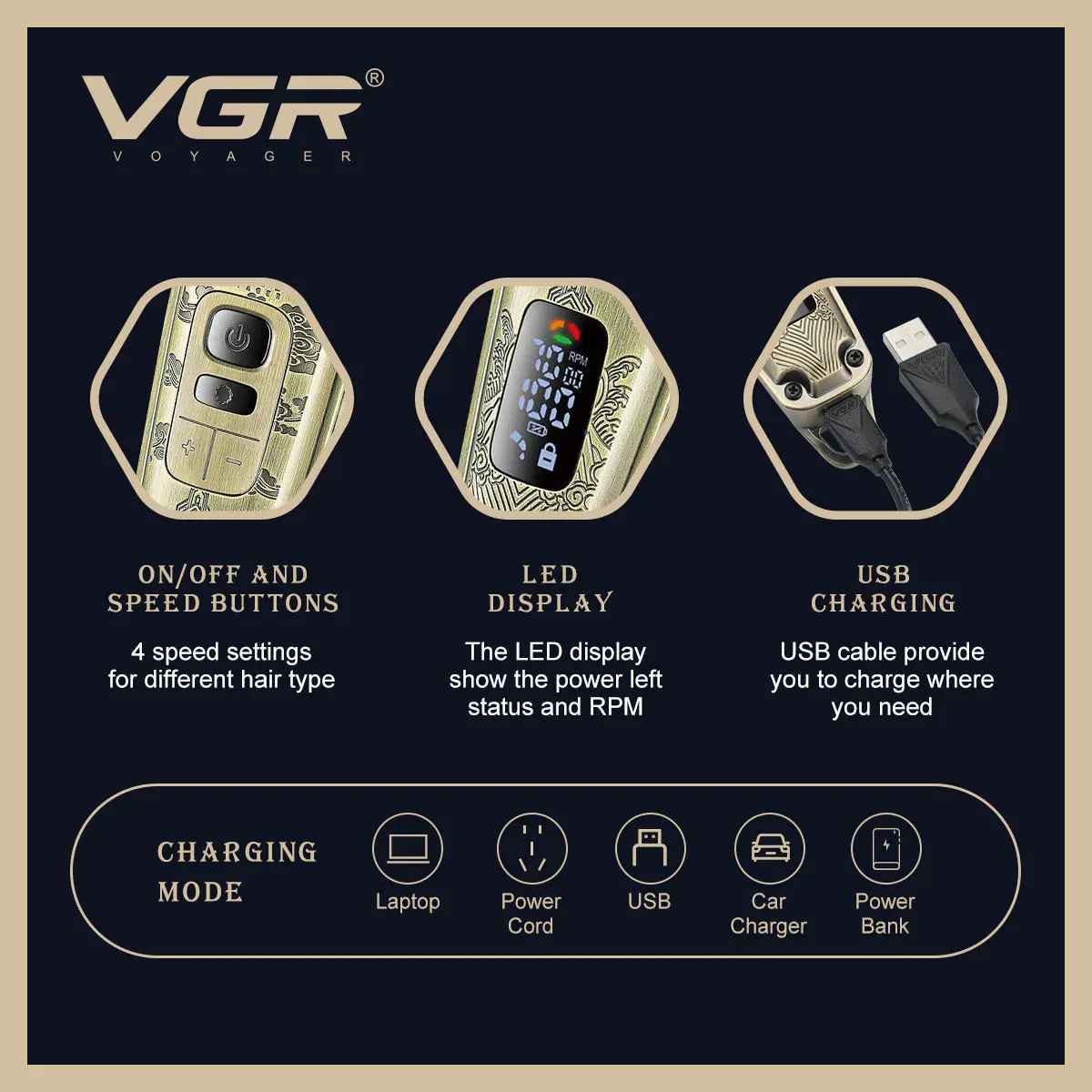 Infographic of the VGR V-643 hair trimmer detailing the 4 speed settings, smart LED battery display, and universal USB charging modes.