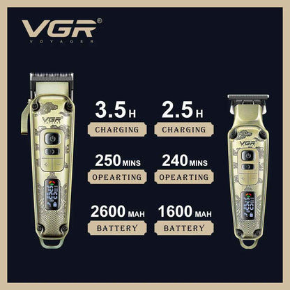 Battery endurance comparison chart for the VGR V-643 set showing 250 minutes runtime for the 2600mAh clipper and 240 minutes for the 1600mAh trimmer.