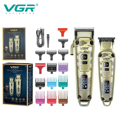 Full VGR V-643 haircutting kit packaging display including 12 multi-colored cutting guide combs, charging cable, cleaning brush, and the official boxes.