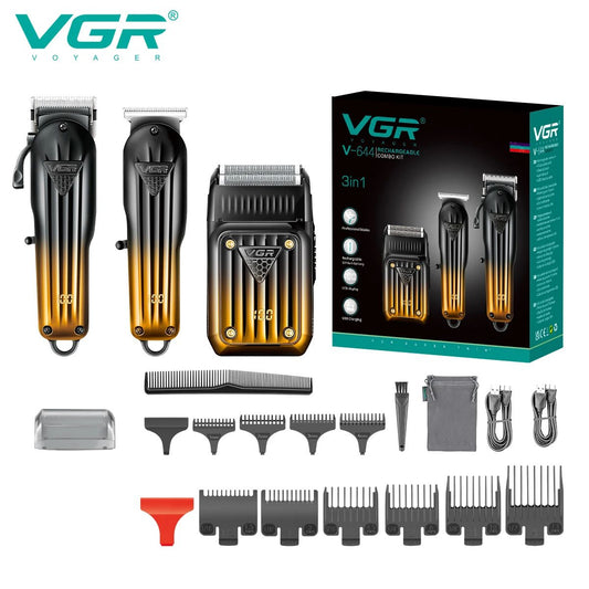 VGR V-644 3-in-1 professional grooming kit featuring hair clipper, detail trimmer, foil shaver, 10 guide combs, and accessories.