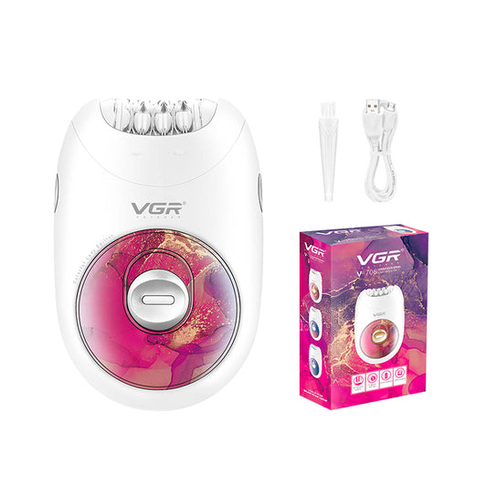 VGR V-706 professional lady epilator in white with pink marble accent pattern, shown alongside cleaning brush, USB charging cable, and retail packaging
