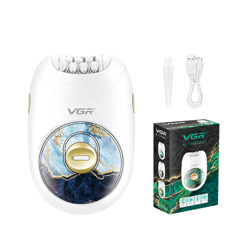 VGR V-706 cordless lady epilator with blue and gold swirl pattern, accompanied by a cleaning brush, USB cable, and retail box