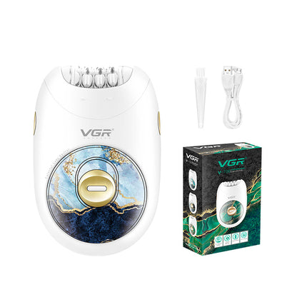 VGR V-706 cordless lady epilator with blue and gold swirl pattern, accompanied by a cleaning brush, USB cable, and retail box
