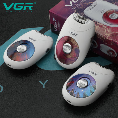 Three white VGR V-706 epilators featuring different pink, purple, and geometric graphic faceplates next to product box