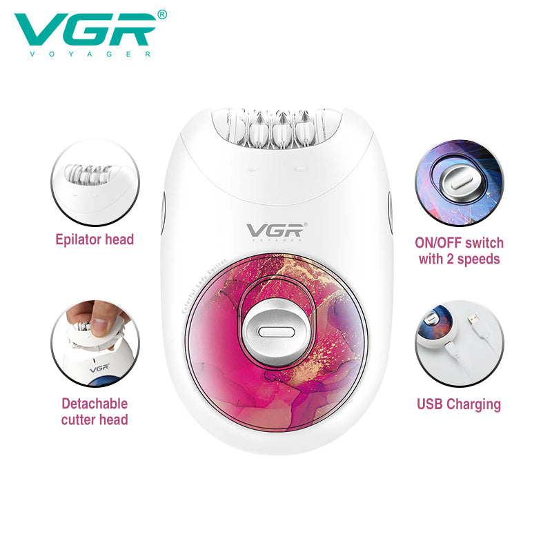 Diagram of pink VGR V-706 epilator highlighting epilator head, detachable cutter head, 2-speed ON/OFF switch, and USB charging feature