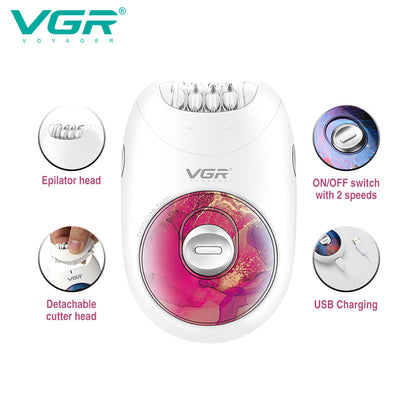 Diagram of pink VGR V-706 epilator highlighting epilator head, detachable cutter head, 2-speed ON/OFF switch, and USB charging feature