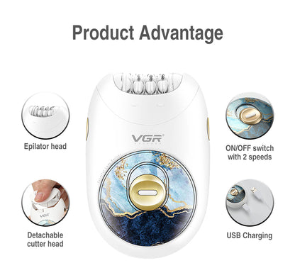 Diagram of blue marble VGR V-706 epilator detailing epilator head, detachable head release, dual-speed power switch, and USB charging