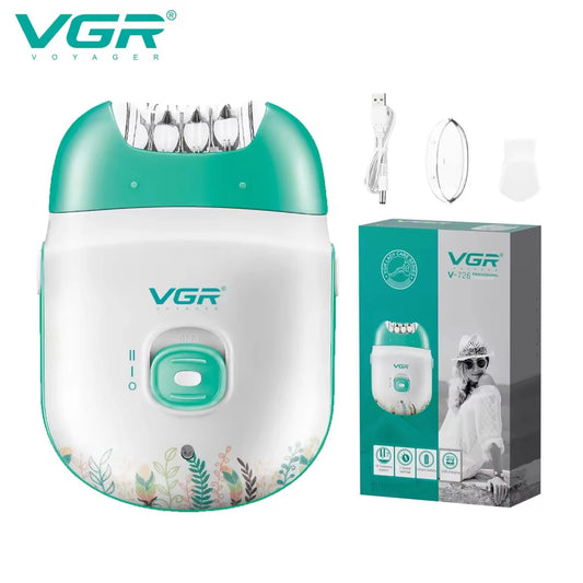 VGR V-726 rechargeable lady epilator in white and mint green with floral base print, shown with USB charging cable, protective cap, cleaning brush, and retail packaging
