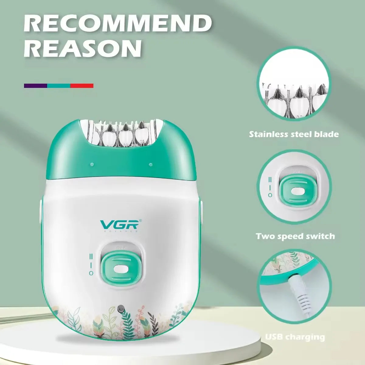 VGR V-726 cordless hair remover feature callouts highlighting stainless steel tweezers head, 2-speed power switch, and USB charging port