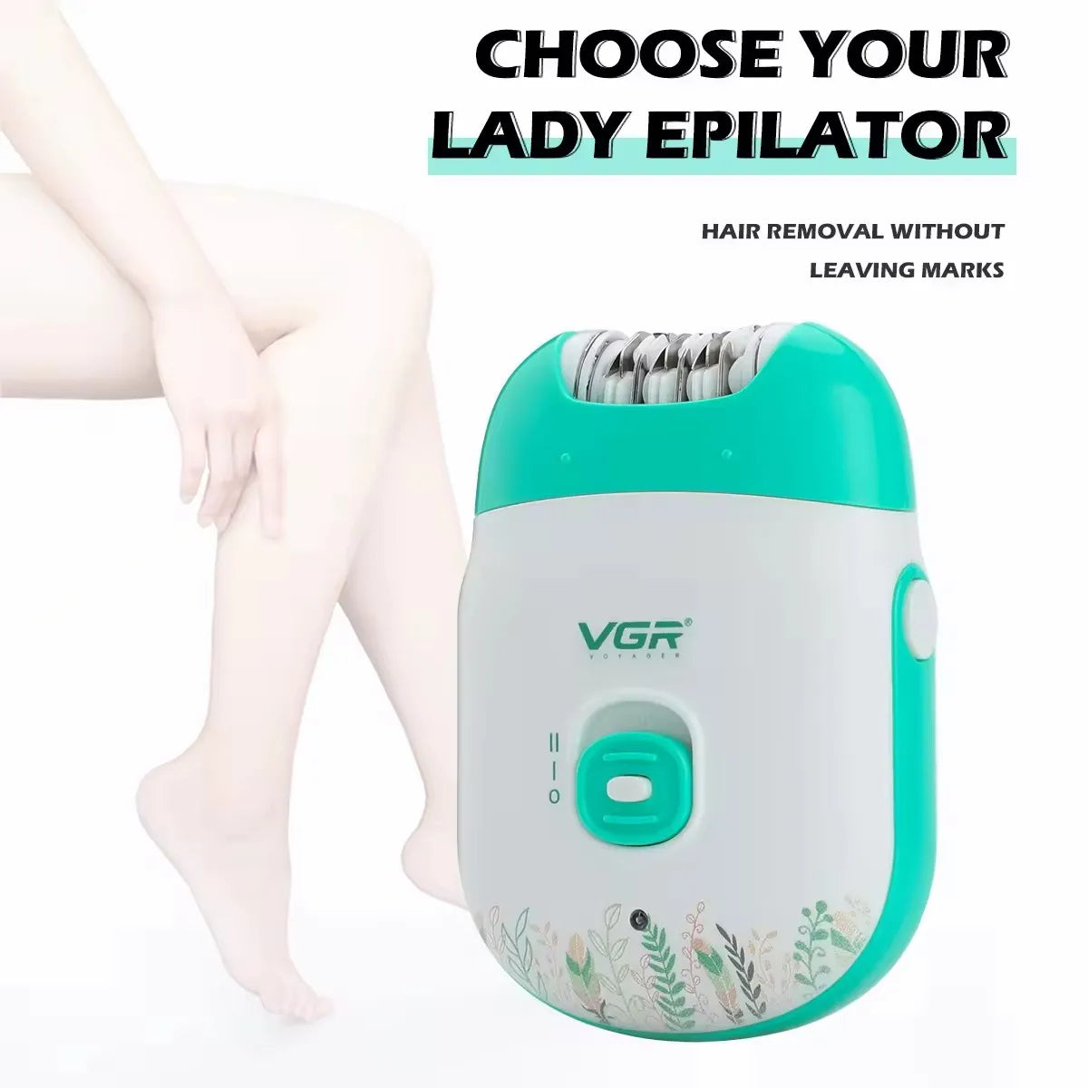 VGR V-726 mint green women's epilator set against a lifestyle backdrop showing smooth legs after hair removal