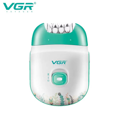 Front view of the VGR V-726 rechargeable lady epilator featuring dual-speed control switch, 18-tweezer head, and botanical print bottom accent