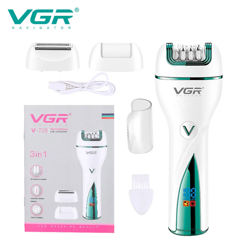 VGR V-728 3-in-1 rechargeable epilator kit in white and emerald green with shaver head, callus remover head, USB charging cable, cleaning brush, and retail packaging
