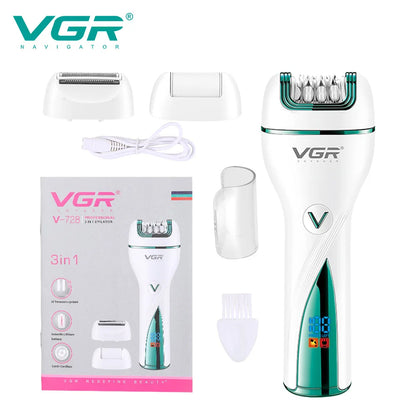 VGR V-728 3-in-1 rechargeable epilator kit in white and emerald green with shaver head, callus remover head, USB charging cable, cleaning brush, and retail packaging