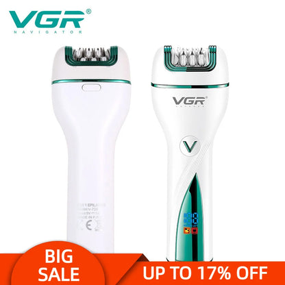 Front and rear view of the VGR V-728 3-in-1 electric epilator showing the LED battery indicator screen and quick-release head release button on the back