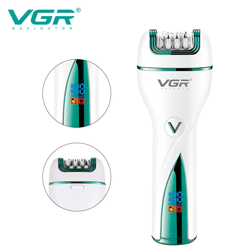 VGR V-728 electric lady shaver and epilator with inset detail circles emphasizing the smart LED battery status screen and stainless steel tweezer system