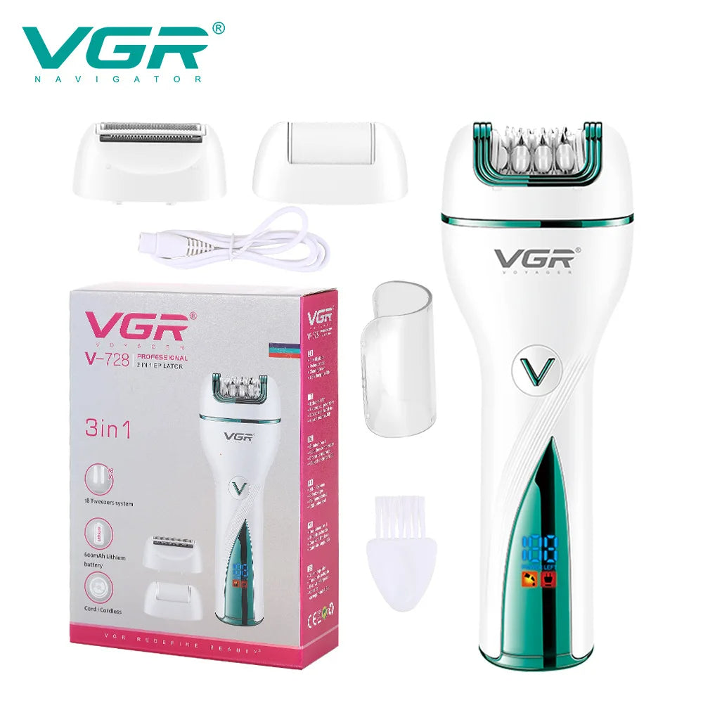VGR V-728 professional 3-in-1 epilator, shaver, and callus remover set displayed alongside its retail packaging, attachments, and cleaning brush