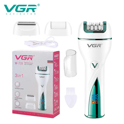 VGR V-728 professional 3-in-1 epilator, shaver, and callus remover set displayed alongside its retail packaging, attachments, and cleaning brush