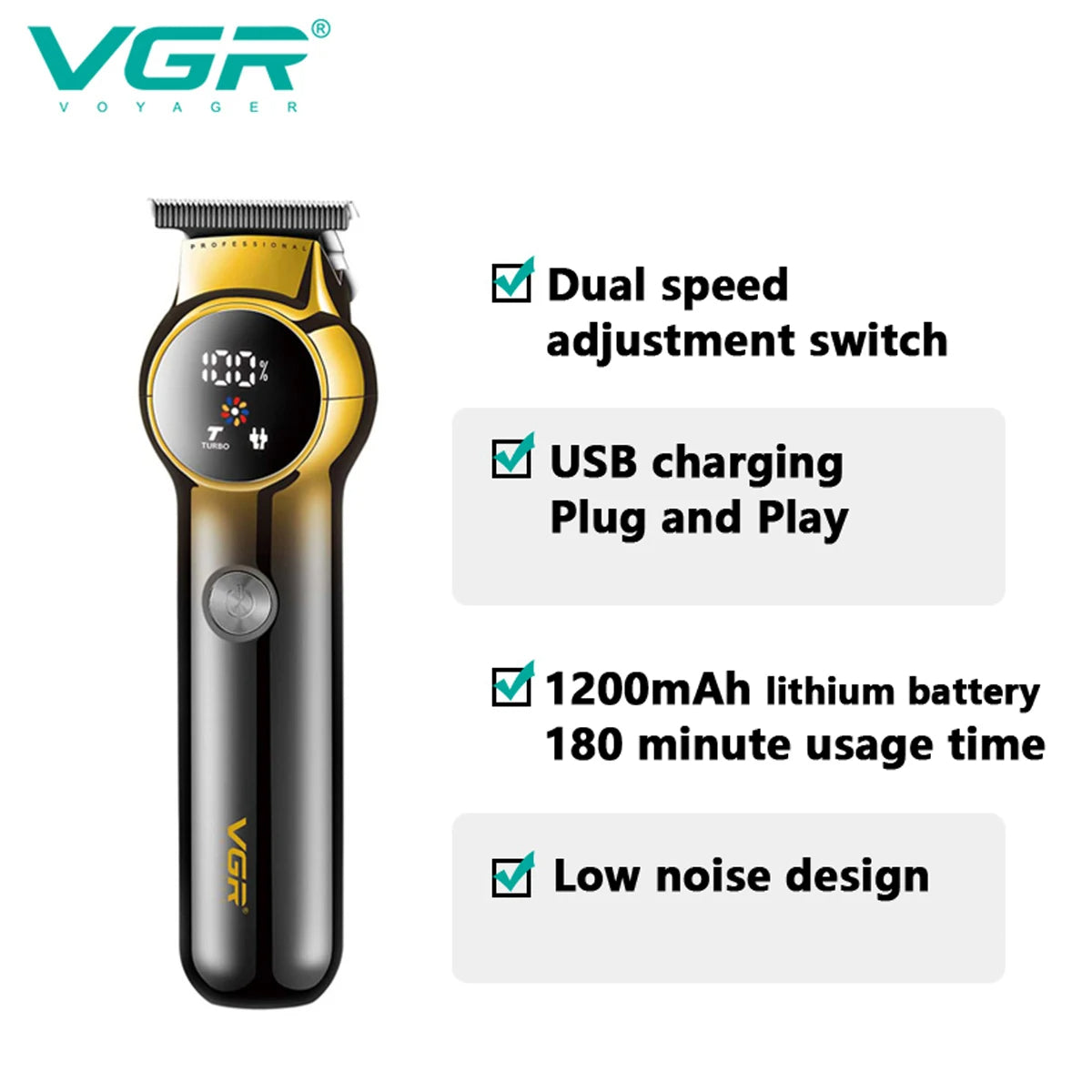 VGR V-989 cordless beard trimmer displaying key features including dual speed adjustment switch, USB charging, 1200mAh battery, and low noise design