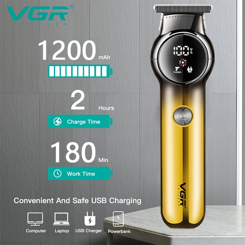 VGR V-989 hair clipper graphic illustrating 1200mAh lithium battery capacity with 2-hour charge time and 180-minute runtime via USB charging