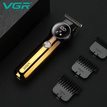 Gold and black VGR V-989 zero-gapped hair trimmer resting on dark background alongside 1.5mm, 3.0mm, and 4.5mm attachment combs