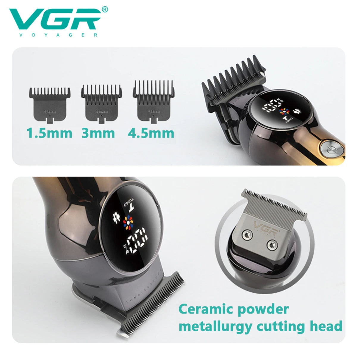 Detailed close-up of VGR V-989 ceramic powder metallurgy cutting T-blade head and 1.5mm, 3mm, and 4.5mm guide comb attachments
