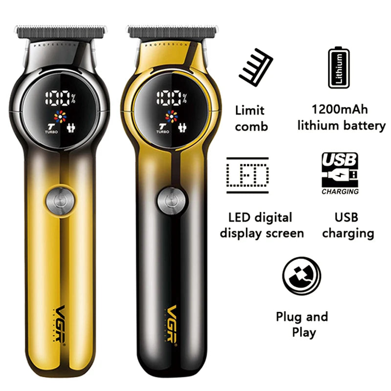VGR V-989 professional hair trimmer shown in gold and black color options with LED digital display screen and plug and play feature icons