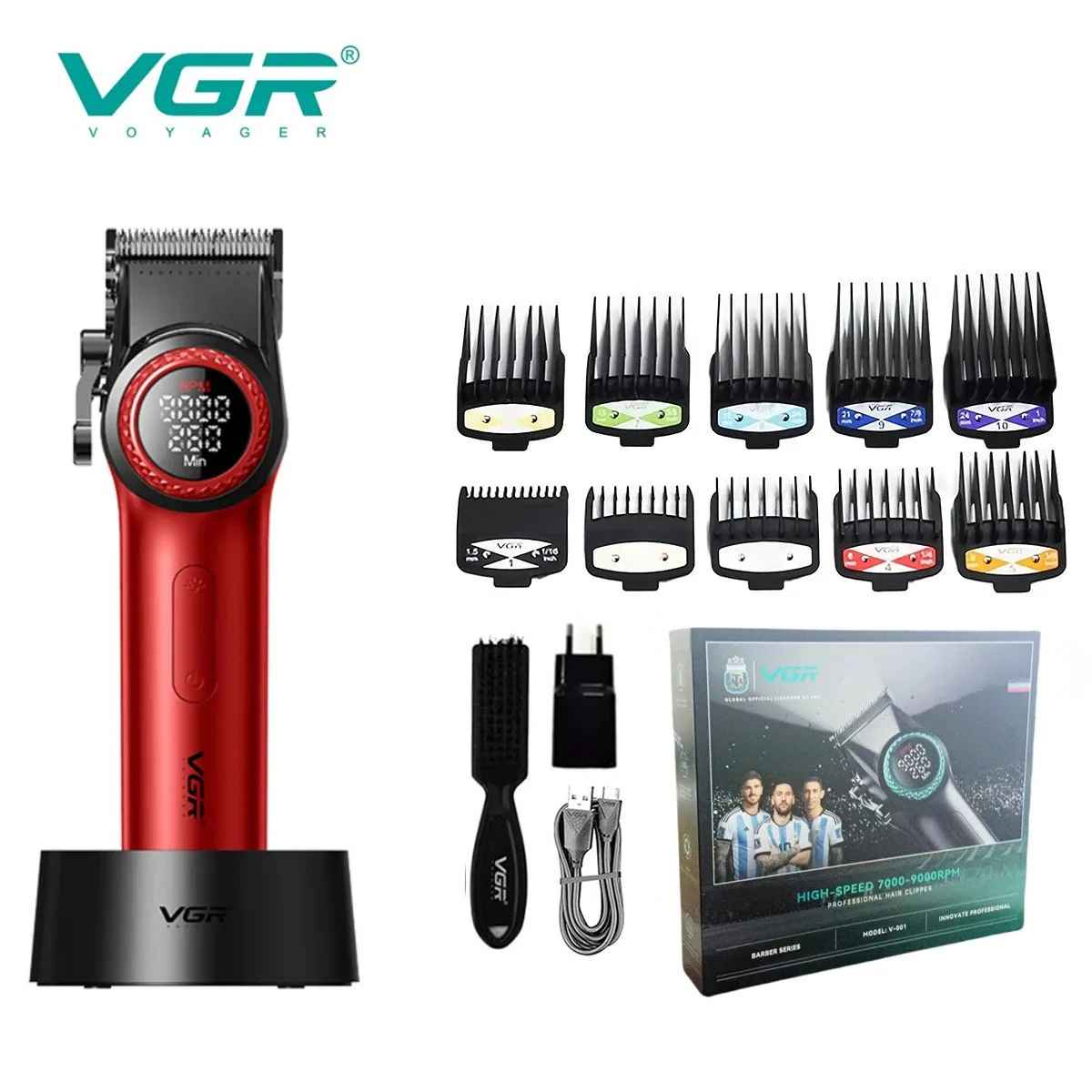 Red VGR Voyager V-001 professional hair clipper on a black charging dock, displayed with 10 guide combs, cleaning brush, USB cable, EU wall adapter, and retail packaging box.