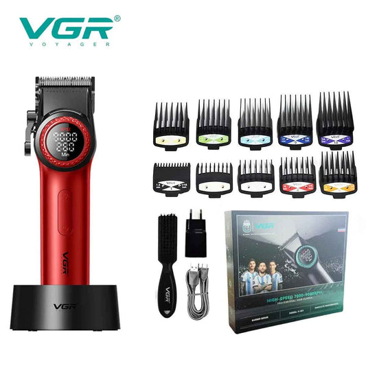 Red VGR Voyager V-001 professional hair clipper on a black charging dock, displayed with 10 guide combs, cleaning brush, USB cable, EU wall adapter, and retail packaging box.