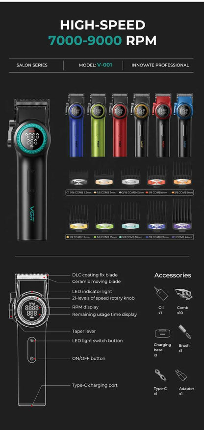 Product overview infographic displaying the VGR V-001 hair clipper in six color options, 10 guide combs ranging from 1.5mm to 24mm, and annotated key features.