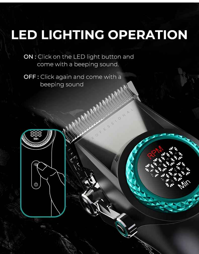 Close-up diagram illustrating the VGR V-001 built-in LED cutting light button operation alongside the circular digital screen showing 9,000 RPM speed and remaining battery runtime.