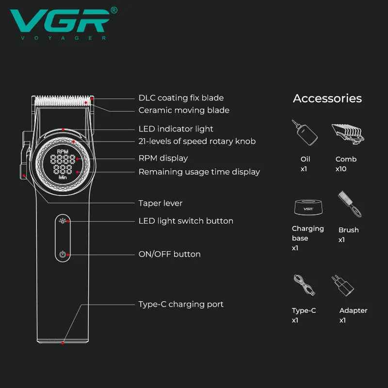 Labeled line diagram detailing the VGR V-001 DLC fixed blade, ceramic moving blade, 21-level speed rotary knob, taper lever, power switch, Type-C charging port, and package accessories.