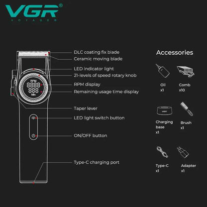 Labeled line diagram detailing the VGR V-001 DLC fixed blade, ceramic moving blade, 21-level speed rotary knob, taper lever, power switch, Type-C charging port, and package accessories.