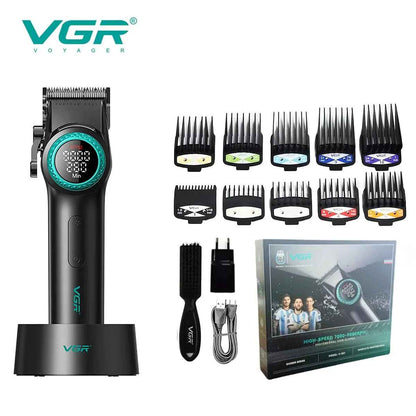 Matte black VGR Voyager V-001 hair clipper on its charging base with a lit teal LED screen, set alongside 10 attachment combs, power adapters, brush, and retail packaging.