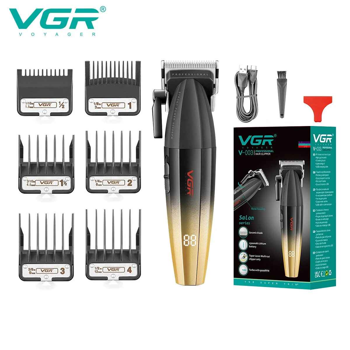 VGR V-003 professional hair clipper set with 6 guide combs, USB cable, cleaning brush, and packaging box