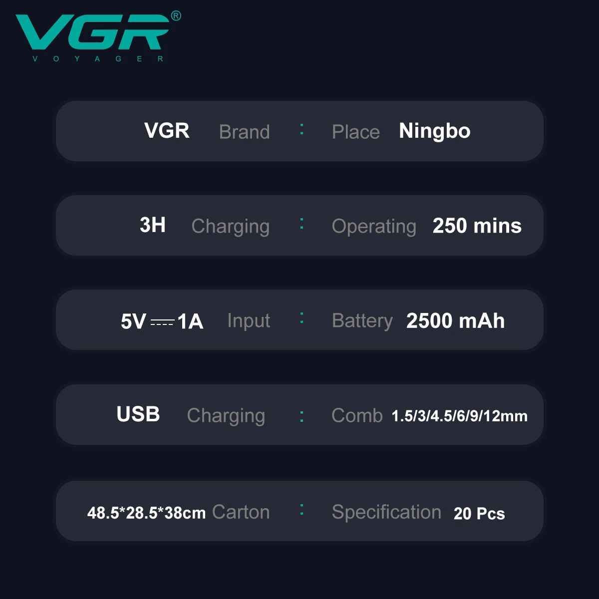 Technical specifications chart for VGR V-003 hair trimmer showing 250 minutes runtime and 2500mAh battery